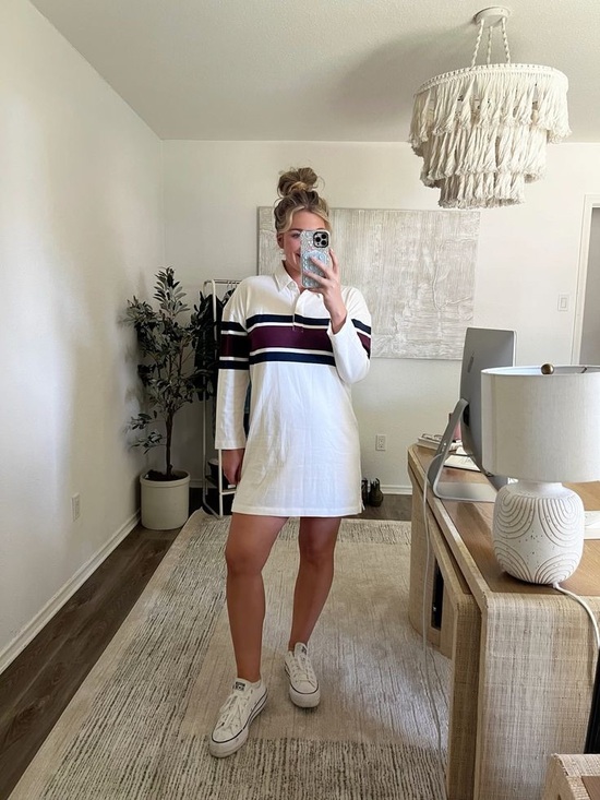 Abercrombie & Fitch Dresses & Skirts - Abercrombie White Rugby/Polo Shirt Dress with Navy & Burgundy Stripes